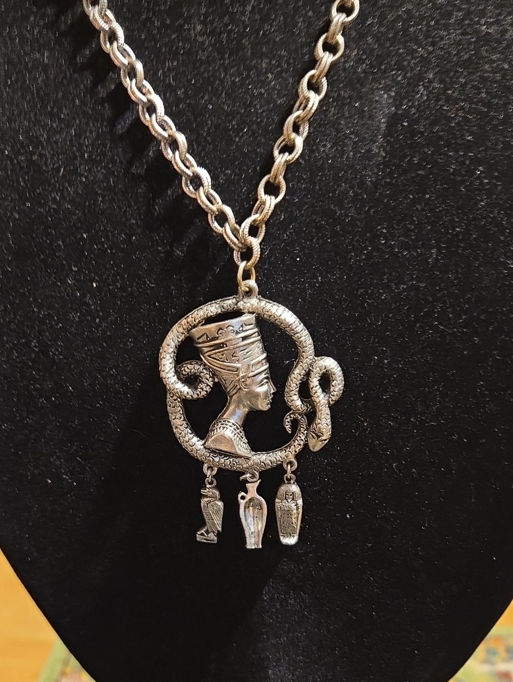 Vintage 1960s Egyptian Revival Nefertiti Pendant Necklace 24" - Snake & Charms